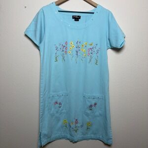 H&J Women Chore Dress Small Blue Floral Cottage Short Sleeve Tunic Pockets